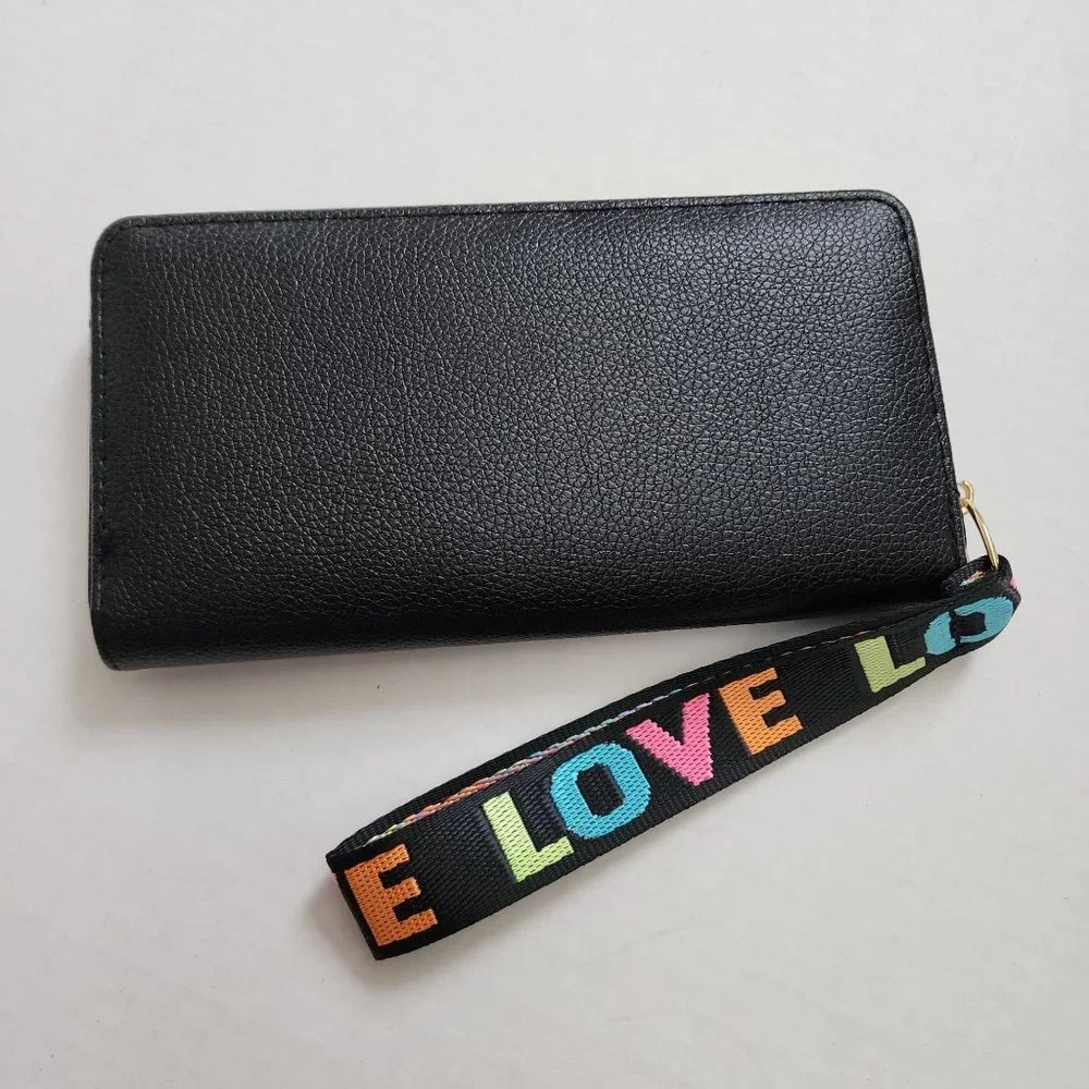 Black Pebble Leather Zip Around Wristlet Wallet with Colorful 